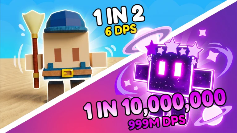 Visuel officiel de Heroes RNG : un petit héros cubique à casquette bleue tenant un balai, légendé « 1 IN 2 » et « 6 DPS », à côté d’un héros violet étoilé et lumineux, légendé « 1 IN 10,000,000 » et « 999M DPS ».