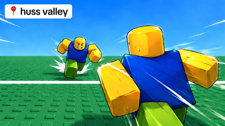Visuel officiel de Huss Valley : deux avatars Roblox à tête jaune, t-shirt bleu et pantalon vert courent sur une plaine verte quadrillée, l’un au premier plan en sueur, l’autre derrière lui l’air menaçant, sous l’étiquette « huss valley » avec une épingle de carte.