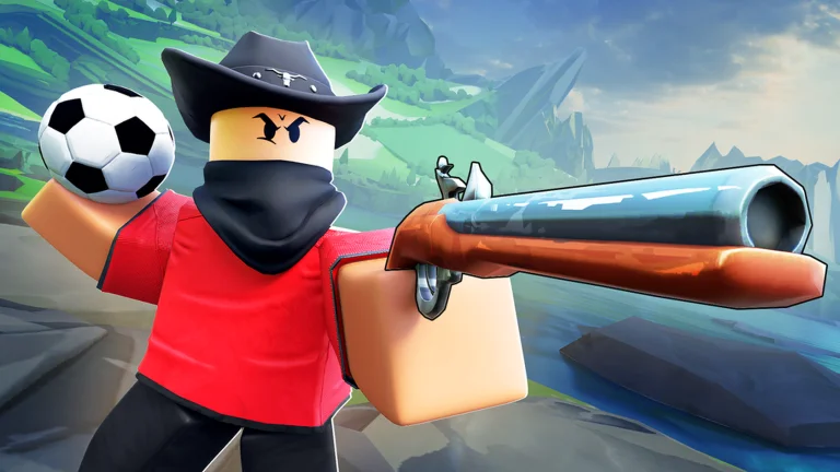 Visuel officiel d’Illegal Soccer : un avatar Roblox au chapeau de cowboy noir, au visage masqué par un foulard et en maillot rouge, tient un ballon de football d’une main et pointe un vieux fusil de l’autre, devant un paysage de montagnes.