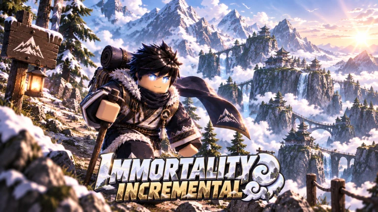 Visuel officiel d’Immortality Incremental : un jeune aventurier Roblox aux yeux bleus lumineux, chaudement vêtu et chargé d’un sac, gravit un sentier enneigé face à des pics, des pavillons perchés sur des falaises et des cascades, au-dessus du logo du jeu.