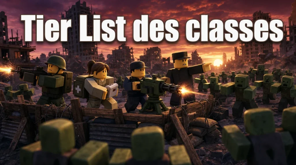Illustration aux couleurs de Roblox : derrière une barricade de bois et de barbelés, quatre avatars Roblox cubiques, un soldat qui tire au fusil, une médecin avec sa trousse, un mitrailleur derrière une tourelle et un commandant qui pointe la horde, défendent une ville en ruine face à des dizaines de zombies cubiques verts, sous un coucher de soleil rouge et le titre « Tier List des classes ».
