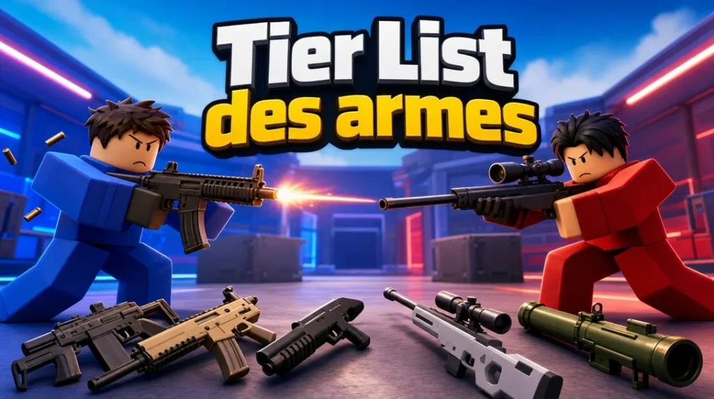 Illustration aux couleurs de Roblox : deux avatars Roblox cubiques s’affrontent dans une arène de duel aux néons, l’un en bleu avec un fusil d’assaut qui fait feu, l’autre en rouge visant avec un fusil à lunette ; au premier plan sont posées plusieurs armes, dont des fusils, un fusil de précision blanc et un lance-roquettes, sous le titre « Tier List des armes ».
