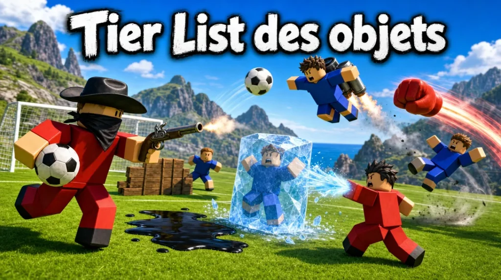 Illustration aux couleurs de Roblox : sur un terrain de football bordé de montagnes et de la mer, un avatar Roblox en maillot rouge, chapeau de cowboy et bandana noirs, garde le ballon sous le bras en tirant au pistolet à silex ; un joueur bleu vole en jetpack vers le ballon, un autre est figé dans un bloc de glace par le rayon d’un coéquipier rouge, un poing rouge propulsé fonce sur un défenseur, près d’une barricade en bois et d’une flaque d’huile noire, sous le titre « Tier List des objets ».