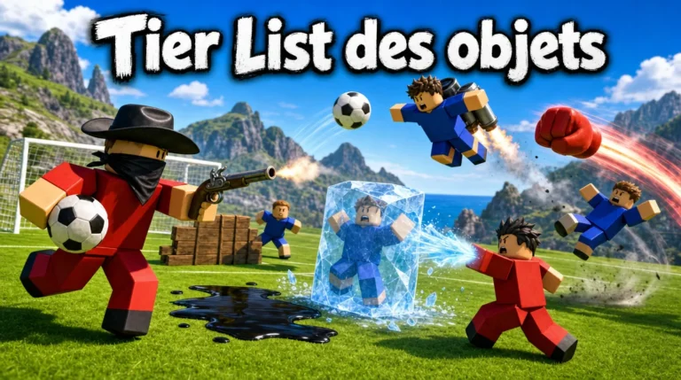 Illustration aux couleurs de Roblox : sur un terrain de football bordé de montagnes et de la mer, un avatar Roblox en maillot rouge, chapeau de cowboy et bandana noirs, garde le ballon sous le bras en tirant au pistolet à silex ; un joueur bleu vole en jetpack vers le ballon, un autre est figé dans un bloc de glace par le rayon d’un coéquipier rouge, un poing rouge propulsé fonce sur un défenseur, près d’une barricade en bois et d’une flaque d’huile noire, sous le titre « Tier List des objets ».