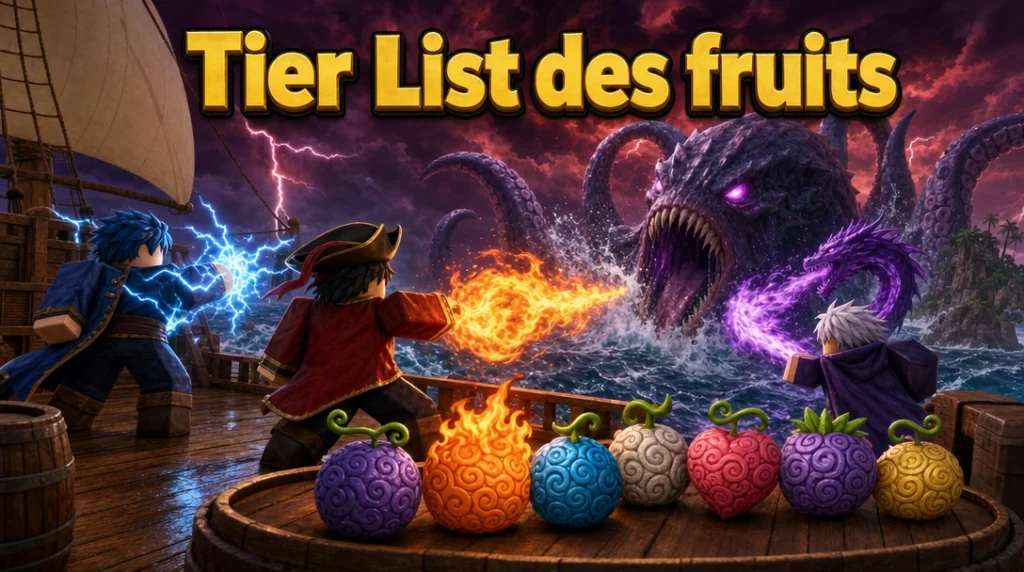 Illustration aux couleurs de Roblox : sur le pont d’un navire pirate en bois, sous un ciel de tempête rouge et violet, trois avatars Roblox cubiques en tenue de pirate lancent des éclairs bleus, un jet de flammes orangées et un dragon de fumée violette contre un immense monstre marin à tentacules qui surgit des vagues ; au premier plan, sept fruits du démon colorés à motifs en spirale sont alignés sur un tonneau, avec en haut le titre « Tier List des fruits ».