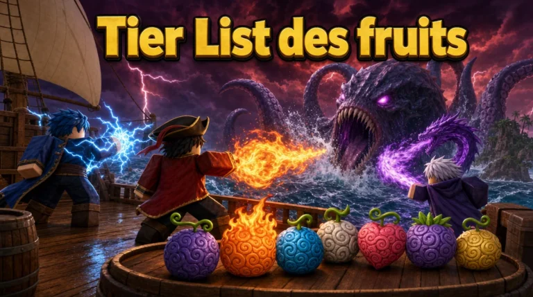 Illustration aux couleurs de Roblox : sur le pont d’un navire pirate en bois, sous un ciel de tempête rouge et violet, trois avatars Roblox cubiques en tenue de pirate lancent des éclairs bleus, un jet de flammes orangées et un dragon de fumée violette contre un immense monstre marin à tentacules qui surgit des vagues ; au premier plan, sept fruits du démon colorés à motifs en spirale sont alignés sur un tonneau, avec en haut le titre « Tier List des fruits ».