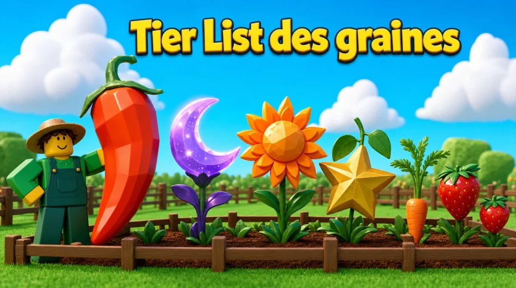 Illustration aux couleurs de Roblox : dans un jardin entouré de clôtures en bois, sous un ciel bleu à gros nuages blancs, un avatar Roblox jardinier en chapeau de paille et salopette verte présente une rangée de plantes géantes, un piment rouge, une fleur en croissant de lune violette scintillante, une fleur soleil orange, un fruit étoile doré, une carotte et des fraises, sous le titre « Tier List des graines ».