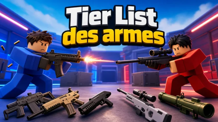 Illustration aux couleurs de Roblox : deux avatars Roblox cubiques s’affrontent dans une arène de duel aux néons, l’un en bleu avec un fusil d’assaut qui fait feu, l’autre en rouge visant avec un fusil à lunette ; au premier plan sont posées plusieurs armes, dont des fusils, un fusil de précision blanc et un lance-roquettes, sous le titre « Tier List des armes ».