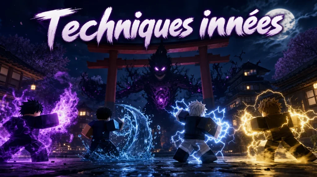 Illustration aux couleurs de Roblox : quatre avatars Roblox vus de dos déploient chacun un pouvoir, flammes violettes, vague d’eau, éclairs bleus et foudre dorée, face à un grand fléau sombre aux yeux violets, sous un torii rouge dans un village japonais de nuit éclairé par la lune, avec en haut le titre « Techniques innées ».