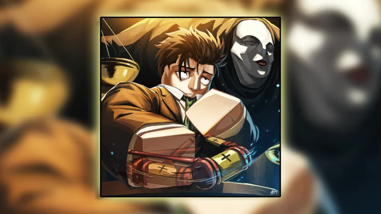 Visuel officiel de Jujutsu Infinite : illustration de style manga montrant un jeune homme aux cheveux bruns en bataille, en costume marron et cravate verte, qui brandit un énorme maillet de juge devant une silhouette au masque blanc et une balance dorée.