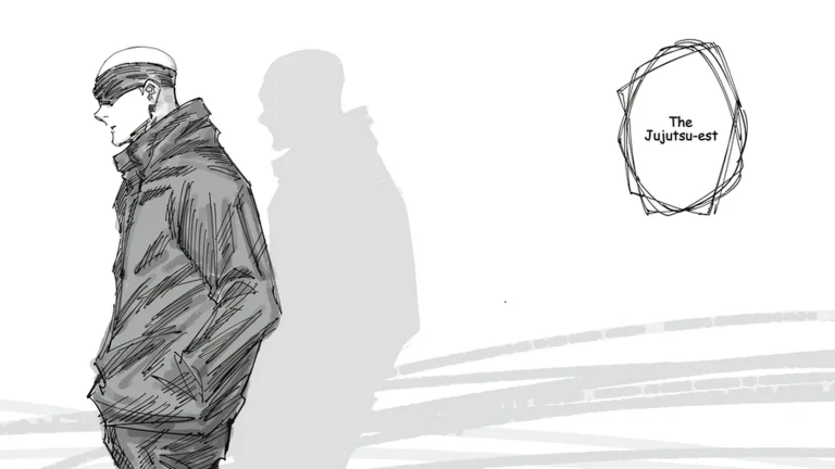 Visuel officiel de Jujutsu Shenanigans : dessin en noir et blanc d’un personnage en long manteau, de profil, avec l’inscription « The Jujutsu-est ».
