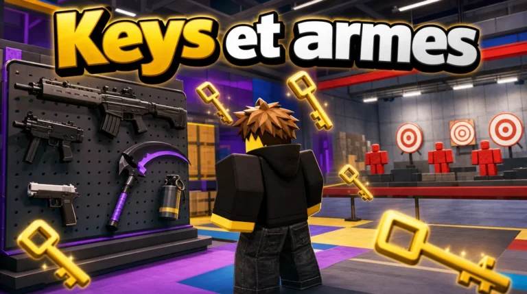 Illustration aux couleurs de Roblox : de dos, un joueur en sweat noir fait face à un panneau d’armes (fusil d’assaut, pistolet-mitrailleur, pistolet, faux violette, grenade fumigène), entouré de clés dorées qui flottent ; à droite, un stand de tir avec des cibles rouges et blanches et des mannequins rouges, sous le titre « Keys et armes ».