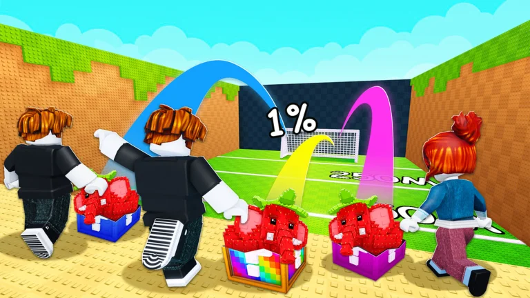 Visuel officiel de Kick a Lucky Block : trois avatars Roblox de dos courent sur un terrain de football vers un but, entourés de créatures rouges posées dans des boîtes colorées, sous des trajectoires de couleur et un grand « 1% ».