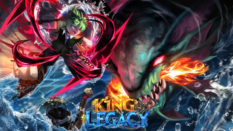 Visuel officiel de King Legacy : un personnage aux cheveux verts et en costume sombre bondit entouré de traînées rouges face à un immense serpent de mer aux yeux rouges crachant du feu, au-dessus des vagues, avec un navire et le logo « King Legacy ».
