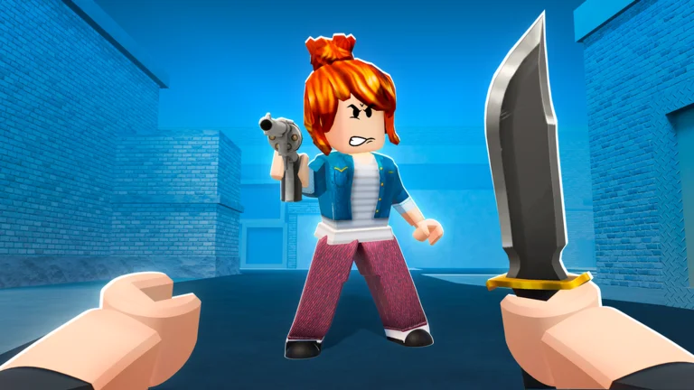 Visuel officiel de Knife VS Gun DUELS : vue à la première personne de mains tenant un grand couteau, face à un avatar Roblox rousse à l’air furieux, en veste en jean, qui pointe un revolver, dans une ruelle de briques baignée de lumière bleue.