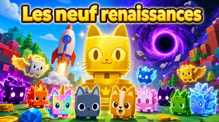 Illustration aux couleurs de Roblox : une grande statue de chat doré se dresse au milieu d’animaux de compagnie cubiques et brillants (chat, chien, licorne arc-en-ciel, créatures de feu, de cristal et ailées), avec à gauche une fusée qui décolle et à droite un trou noir violet dans un ciel étoilé, sous le titre « Les neuf renaissances ».
