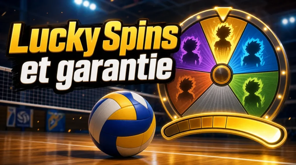 Ballon de volley sur un terrain de salle devant une roue de tirage lumineuse à silhouettes colorées et une jauge dorée, sous le titre « Lucky Spins et garantie ».