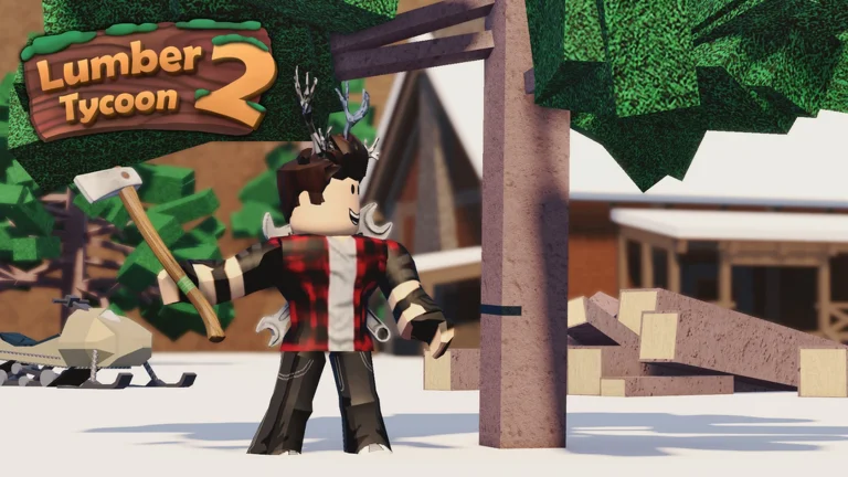 Visuel officiel de Lumber Tycoon 2 : logo du jeu en haut à gauche ; dans un décor enneigé, un avatar en chemise à carreaux rouges brandit une hache près d’un tronc entaillé, devant des planches empilées, une motoneige et un chalet en bois.