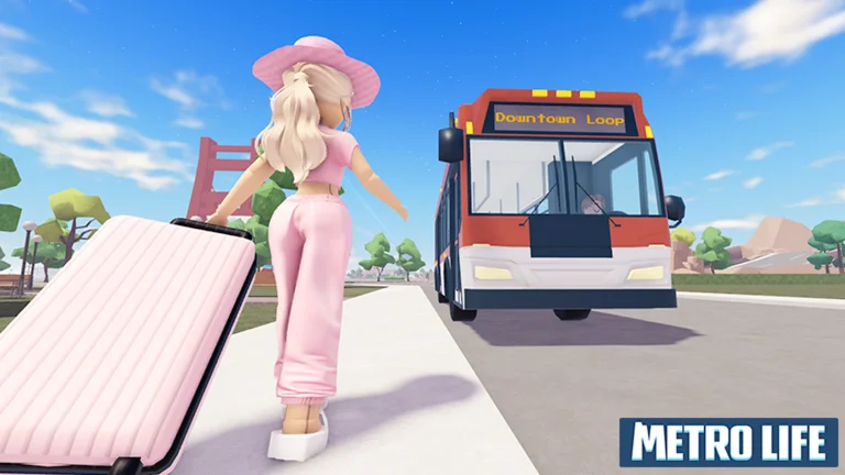 Visuel officiel de Metro Life City RP : vue de dos, une avatar blonde en chapeau et tenue roses tire une valise rose vers un bus marqué « Downtown Loop » ; au fond, un pont rouge ; en bas, le logo « METRO LIFE ».