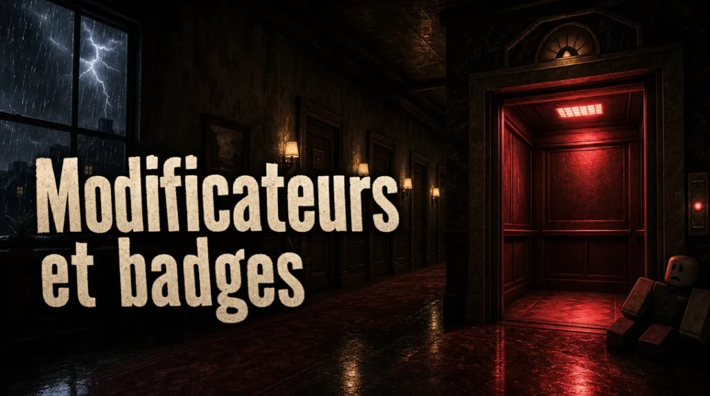 Illustration aux couleurs de Roblox : le couloir sombre d’un vieil hôtel, bordé de portes et d’appliques, sous l’orage qui frappe derrière la fenêtre ; à droite, un ascenseur ouvert baigné de lumière rouge et, assis contre le mur, un personnage inquiet, à côté du titre « Modificateurs et badges ».