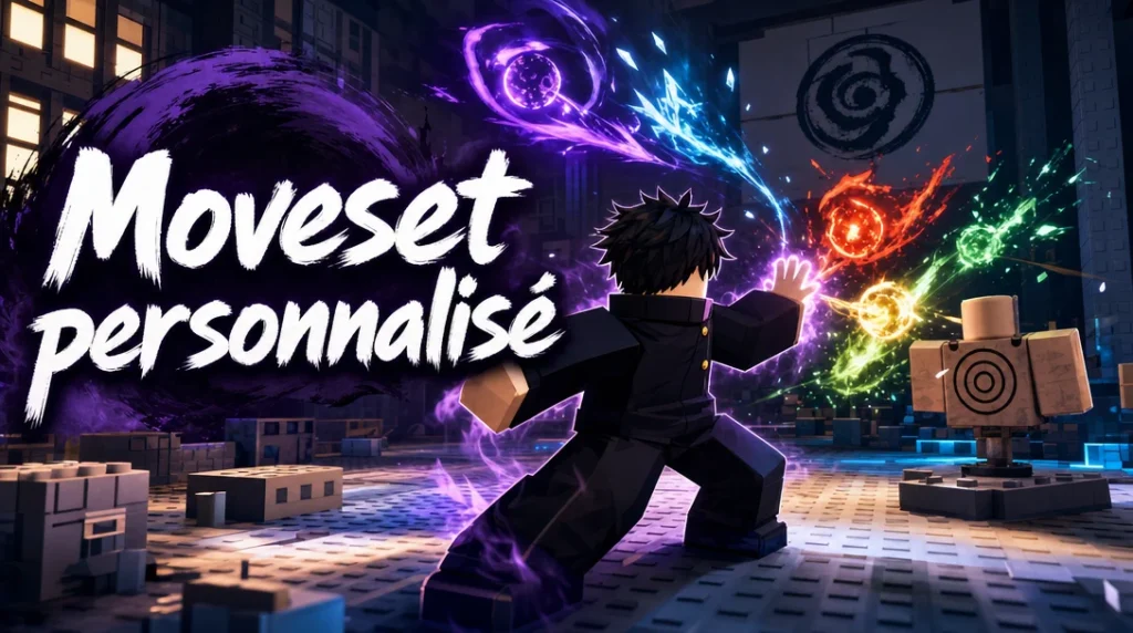 Illustration aux couleurs de Roblox : un combattant en uniforme sombre à col montant, dans une salle d’entraînement faite de blocs, lance des éclats d’énergie violets, bleus, rouges, verts et jaunes vers un mannequin d’entraînement à cible, à côté du titre « Moveset personnalisé ».