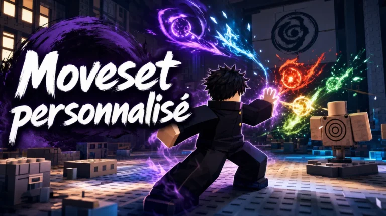 Illustration aux couleurs de Roblox : un combattant en uniforme sombre à col montant, dans une salle d’entraînement faite de blocs, lance des éclats d’énergie violets, bleus, rouges, verts et jaunes vers un mannequin d’entraînement à cible, à côté du titre « Moveset personnalisé ».
