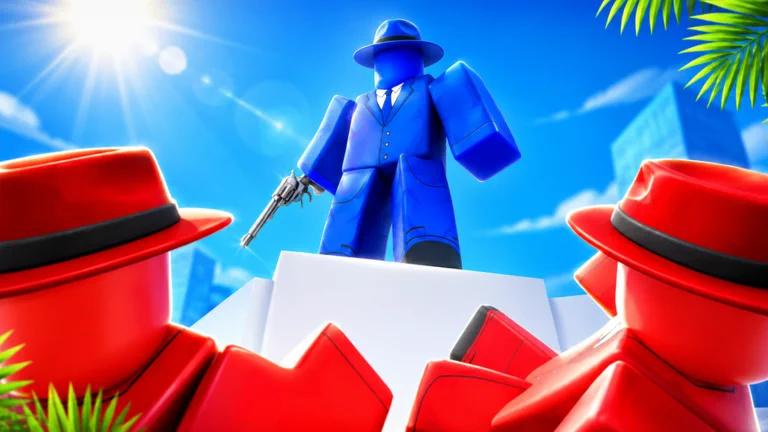 Visuel officiel de Murder Duels : vu en contre-plongée, un personnage Roblox tout en bleu, en costume et chapeau, tient un revolver argenté sur un bloc blanc, encadré par deux personnages en rouge, sous un soleil éclatant et un ciel bleu.