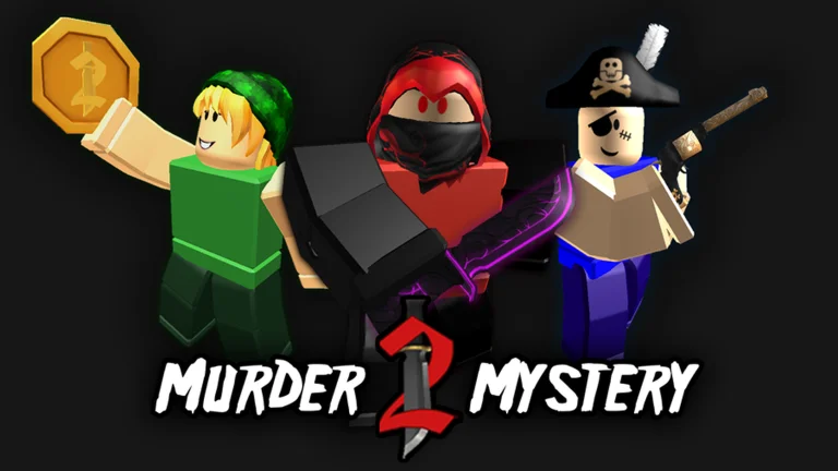 Visuel officiel de Murder Mystery 2 : trois avatars Roblox, l’un en vert brandissant une pièce dorée, un autre encapuchonné et masqué de rouge tenant un couteau noir, le dernier en pirate armé d’un pistolet, au-dessus du logo « MURDER MYSTERY » au grand 2 rouge.