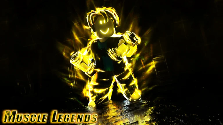 Visuel officiel de Muscle Legends : un personnage Roblox musclé, au sourire lumineux, entouré d’une aura électrique jaune dans un décor sombre et mouillé, avec le logo « Muscle Legends » en lettres jaunes en bas à gauche.