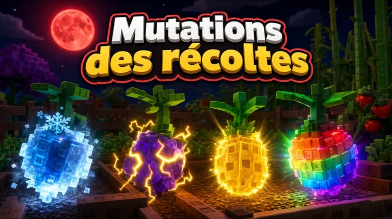 Illustration aux couleurs de Roblox : dans un potager la nuit, sous une lune rouge, quatre fruits cubiques brillent chacun d’un effet différent, givre bleu, éclairs dorés sur un fruit violet, éclat doré sur un ananas et reflets arc-en-ciel, sous le titre « Mutations des récoltes ».