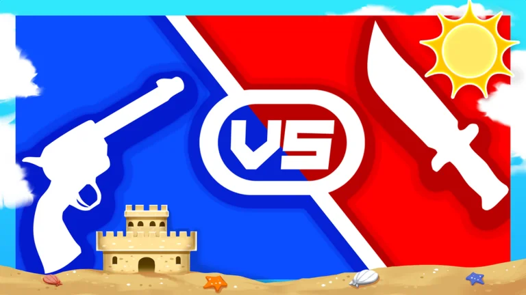 Visuel officiel de MVSD | Murderers VS Sheriffs Duels : l’image est coupée en deux, un revolver blanc sur fond bleu à gauche et un couteau blanc sur fond rouge à droite, séparés par « VS », avec un château de sable, des coquillages et un soleil.