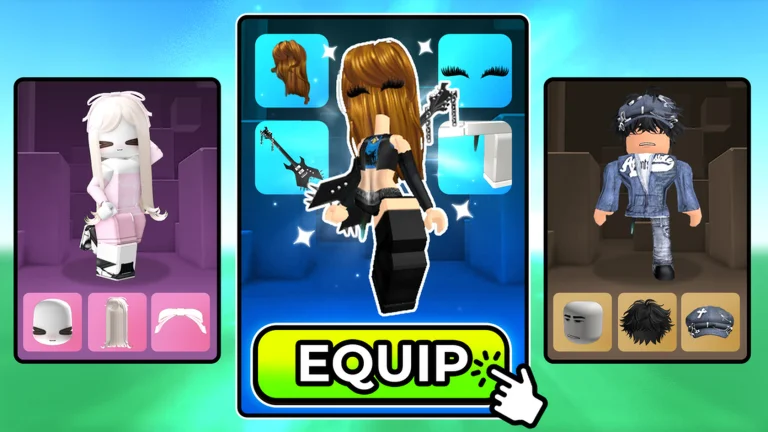 Visuel officiel de My Avatar! : trois cartes présentent chacune un avatar Roblox et ses articles (cheveux, visage, guitare, casquette) ; au centre, une avatar en tenue rock noire, et dessous un grand bouton vert « EQUIP » sur lequel clique une main.