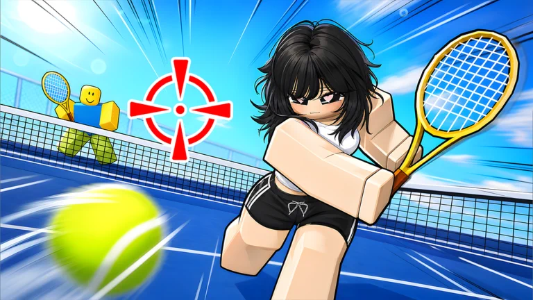 Visuel officiel de Neo Tennis : sur un court bleu, une joueuse Roblox aux cheveux noirs, en débardeur blanc et short noir, frappe une balle jaune lancée vers le premier plan, tandis qu’un adversaire jaune attend derrière le filet sous une cible rouge.