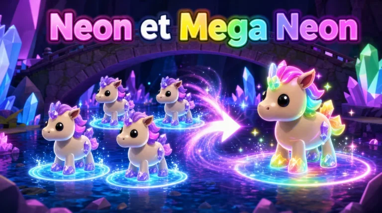 Illustration aux couleurs de Roblox : dans une grotte aux cristaux violets et bleus, sous un pont de pierre, quatre poneys identiques posés sur des cercles d’eau lumineux se fondent, le long d’une flèche scintillante, en un seul poney aux crins et aux sabots irisés de toutes les couleurs, sous le titre « Neon et Mega Neon ».