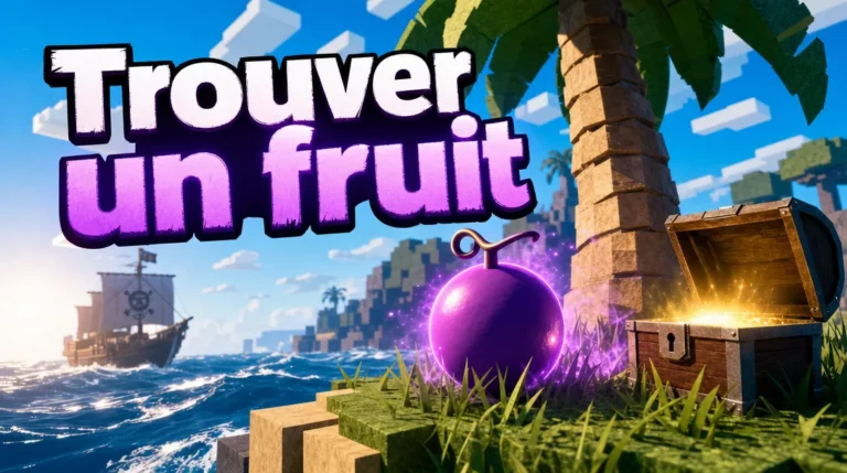 Fruit violet lumineux posé dans l’herbe au pied d’un palmier, sur une île en blocs, avec un voilier au large et un coffre ouvert plein d’or, sous le titre « Trouver un fruit ».