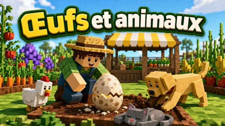 Illustration au style cubique de Roblox : un jardinier en chapeau de paille, chemise verte et salopette bleue, s’accroupit près d’un gros œuf tacheté qui se fend, posé sur un carré de terre du potager ; autour de lui, une poule blanche, un chat gris endormi et un chien labrador doré qui creuse ; derrière, un stand en bois au store rayé jaune et blanc et des rangées de carottes, de tomates et de raisins, avec le titre « Œufs et animaux ».