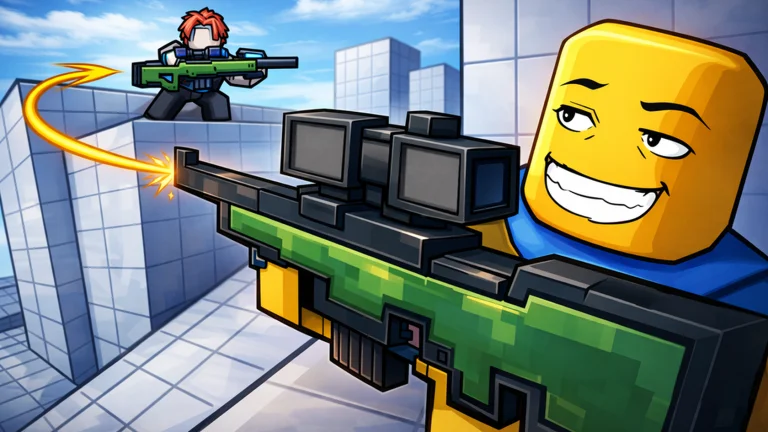 Visuel officiel de One Tap : un avatar Roblox jaune au sourire narquois tient au premier plan un fusil de sniper vert à lunette, tandis qu’un autre avatar armé, sur un toit de blocs blancs, est visé par une trajectoire de balle orange.