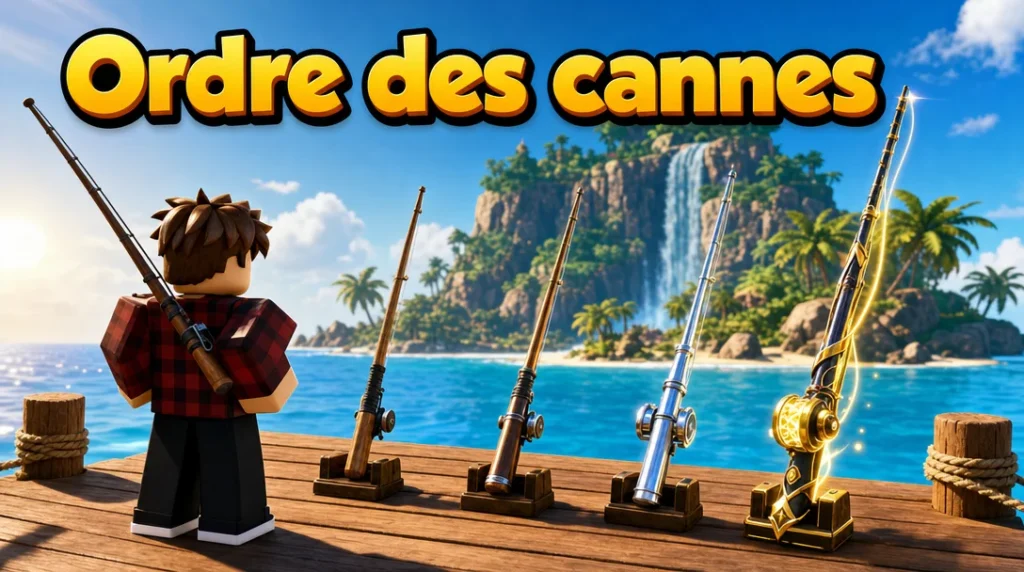 Illustration aux couleurs de Roblox : sur un ponton face à la mer, un pêcheur en chemise à carreaux, canne à l’épaule, regarde une rangée de quatre cannes de plus en plus ornées, du bois simple à une canne dorée lumineuse, avec au loin une île tropicale et sa cascade, sous le titre « Ordre des cannes ».