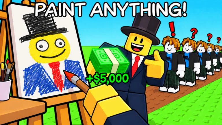 Visuel officiel de Paint to Get Rich : un avatar Roblox en costume et haut-de-forme tend une liasse de billets marquée « +$5,000 » près d’un tableau naïf qu’une main est en train de peindre, tandis qu’une file d’avatars attend ; en haut, « PAINT ANYTHING! ».