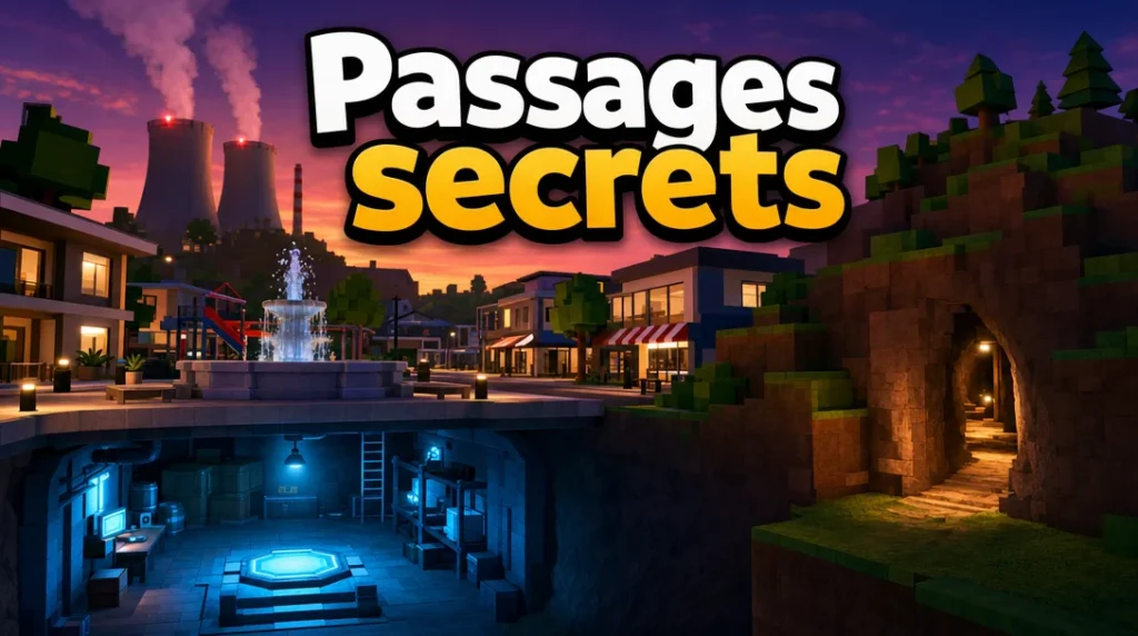 Illustration aux couleurs de Roblox : une petite ville au crépuscule, avec une fontaine sur la place sous laquelle s’ouvre une salle souterraine éclairée de bleu, équipée d’écrans, de caisses et d’une échelle ; au loin deux tours de centrale fument, et à droite un passage s’enfonce dans une colline de terre, sous le titre « Passages secrets ».