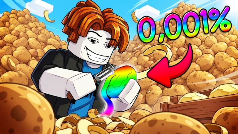 Visuel officiel de Peel THE Potato : un avatar Roblox souriant aux cheveux bruns, en veste noire, épluche avec un économe une pomme de terre aux couleurs de l’arc-en-ciel, entouré de montagnes de patates, avec une flèche rouge et le texte « 0,001% ».