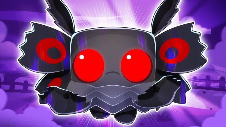 Visuel officiel de Pet Simulator 99 : une créature noire et grise aux grands yeux rouges brillants, aux ailes sombres marquées de cercles rouges et aux longues oreilles, se détache sur un fond violet lumineux avec une clôture et des nuages.