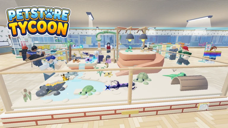 Visuel officiel de Pet Store Tycoon : logo du jeu en haut à gauche et, au centre d’une animalerie aux rayons garnis, un grand enclos vitré au sol de sable avec un bassin, des tortues, des lézards et un crocodile, entouré d’avatars Roblox.