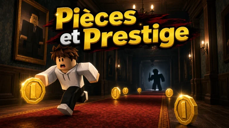 Illustration aux couleurs de Roblox : dans le couloir d’un manoir aux tapis rouges et aux chandeliers, un personnage effrayé en sweat blanc court en ramassant de grosses pièces d’or, tandis qu’au fond une silhouette sombre tenant un couteau se découpe dans la pénombre, sous le titre « Pièces et Prestige ».