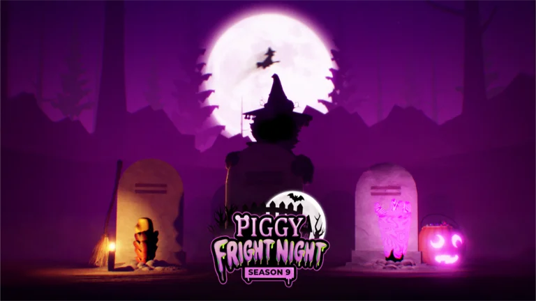 Visuel officiel de Piggy : dans un cimetière nocturne baigné de violet, une silhouette coiffée d’un chapeau pointu se dresse entre deux pierres tombales, devant une pleine lune où passe une sorcière à balai ; au premier plan, « PIGGY FRIGHT NIGHT SEASON 9 ».