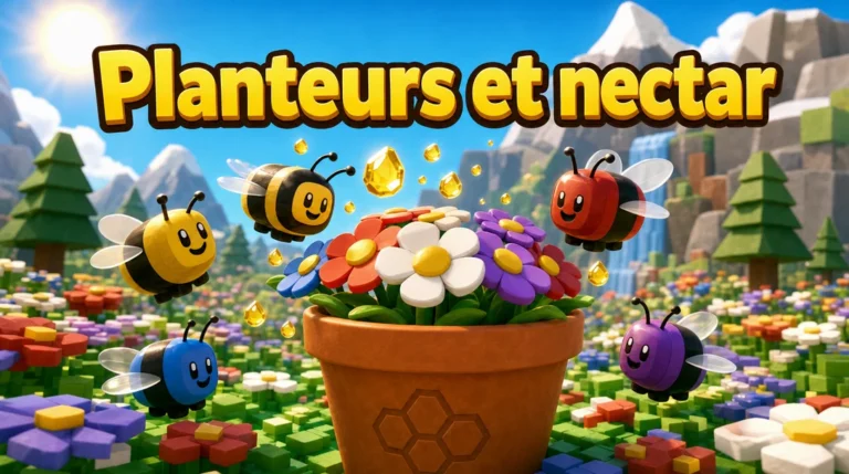 Illustration aux couleurs de Roblox : dans un champ de fleurs cubiques au pied de montagnes ensoleillées, un pot de planteur en terre cuite rempli de fleurs blanches, rouges, bleues et violettes, entouré d’abeilles rondes jaunes, bleue, rouge et violette et de gouttes de nectar dorées, sous le titre « Planteurs et nectar ».