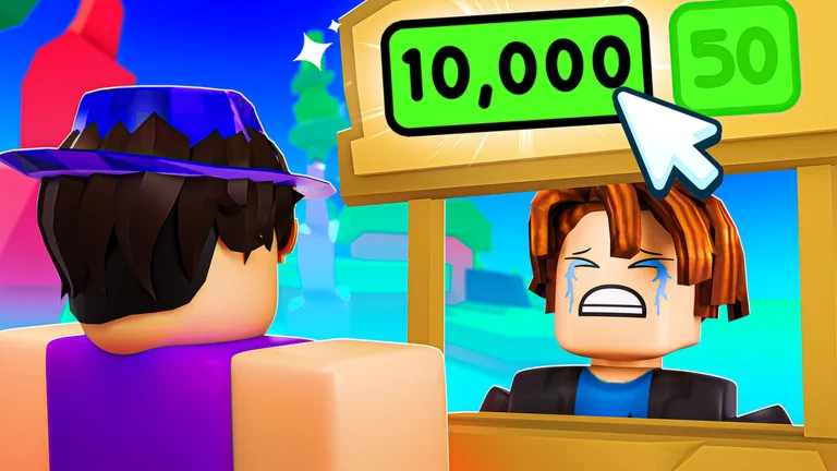 Visuel officiel de PLS DONATE : devant un stand en bois affichant « 10,000 » et « 50 » sur des boutons verts, avec un curseur de souris, un personnage en pleurs fait face à un joueur vu de dos portant un chapeau bleu.