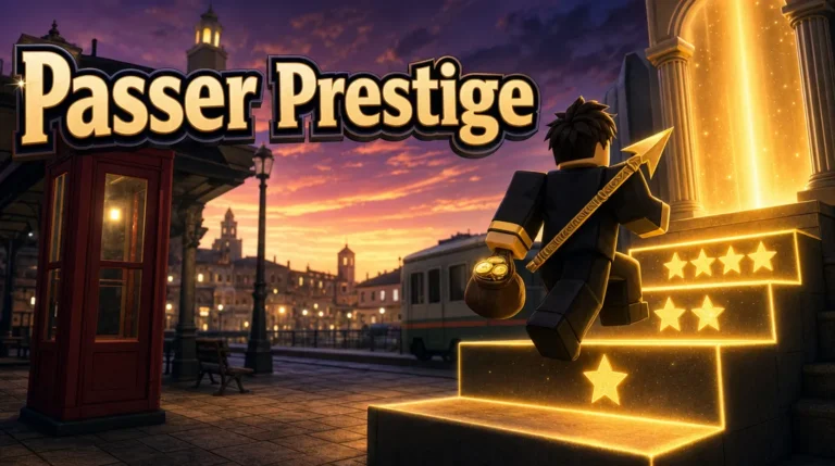 Personnage Roblox gravissant un escalier lumineux à étoiles sur le quai d’une gare au crépuscule, une bourse de pièces à la main et une flèche dorée au dos, avec le titre « Passer Prestige ».