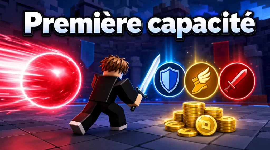 Personnage Roblox qui pare une boule d’énergie rouge avec une épée, à côté de trois icônes (bouclier, botte ailée, épée) et d’un tas de pièces dorées, sous le titre « Première capacité ».