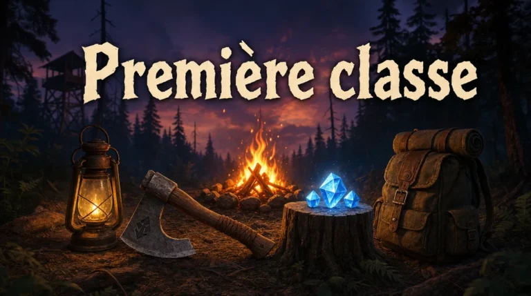 Feu de camp au crépuscule dans une forêt sombre, avec une lanterne, une hache, un sac à dos et des diamants bleus posés sur une souche, sous le titre « Première classe ».
